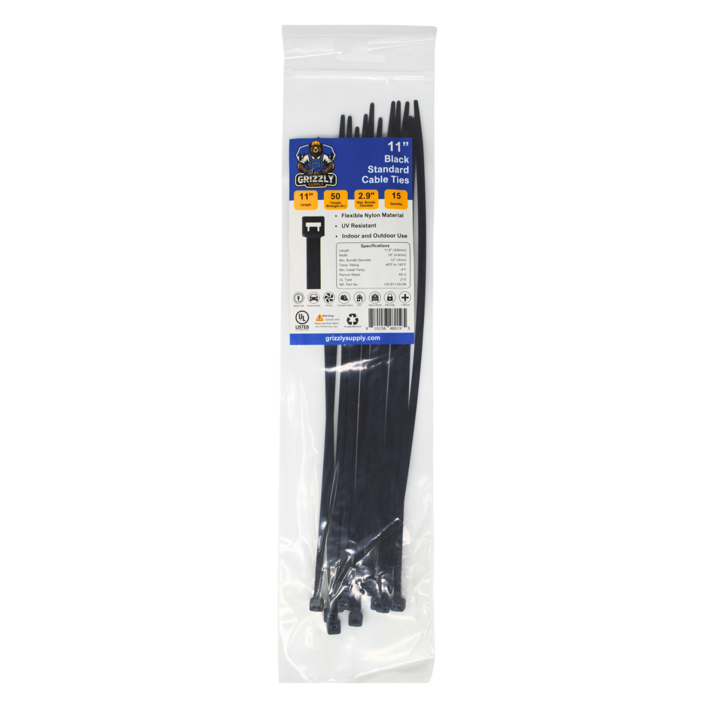 11" 50lb Black Standard Cable Tie 15/bag