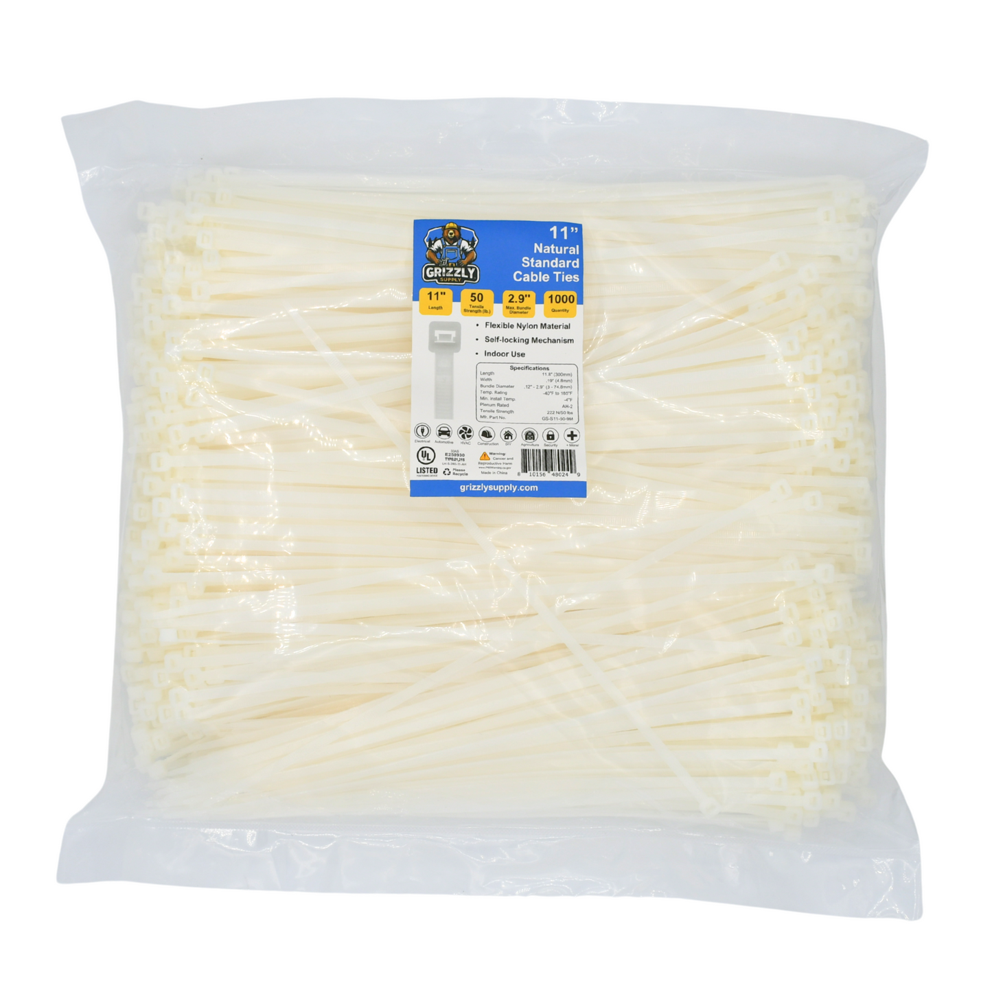11" 50lb Natural Standard Cable Tie 1000/bag