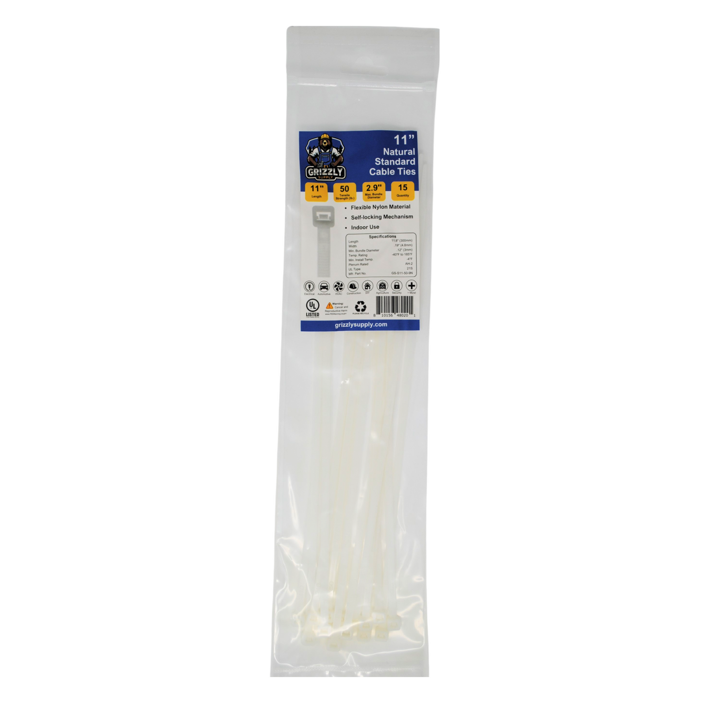 11" 50lb Natural Standard Cable Tie 15/bag