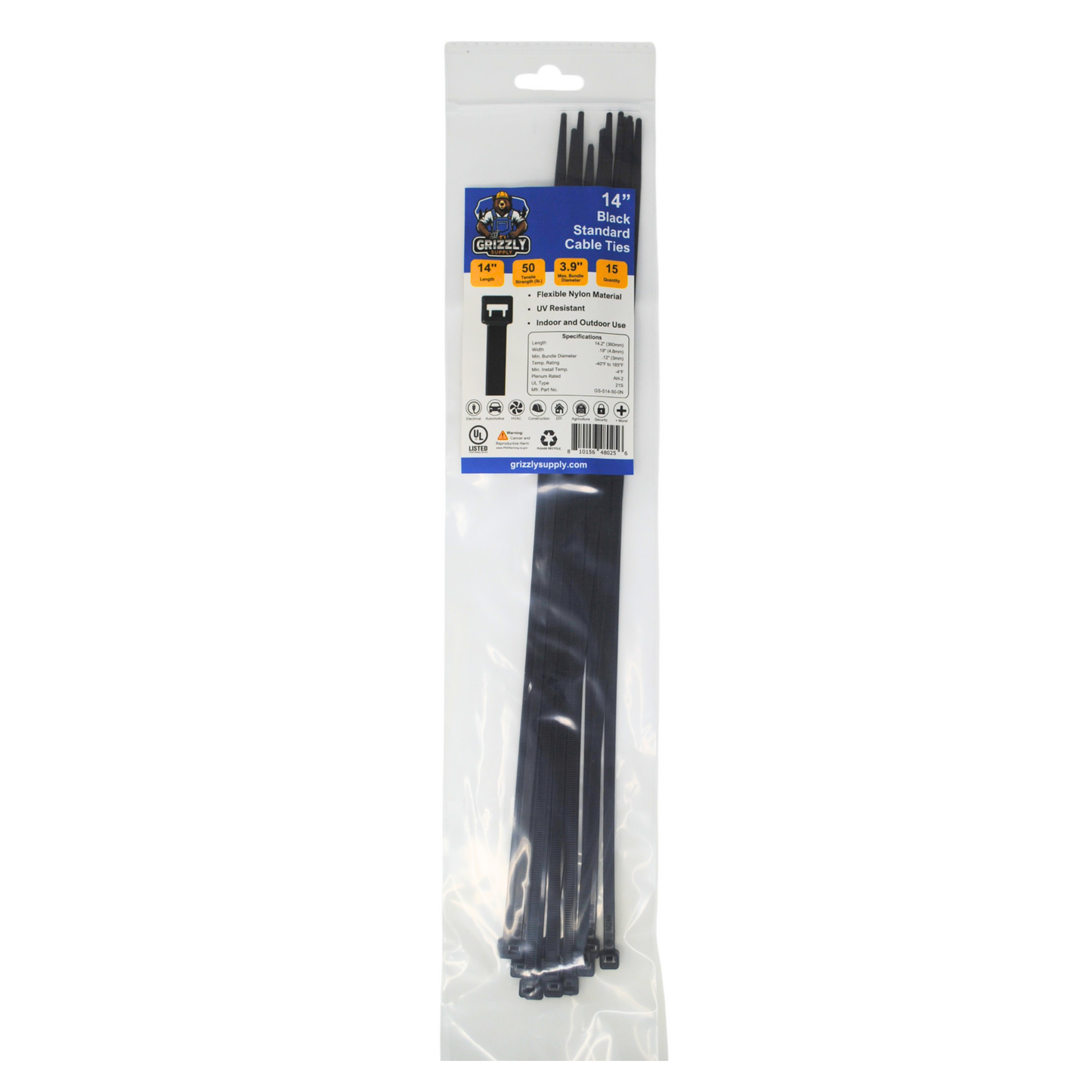 14" 50lb Black Standard Cable Tie 15/bag