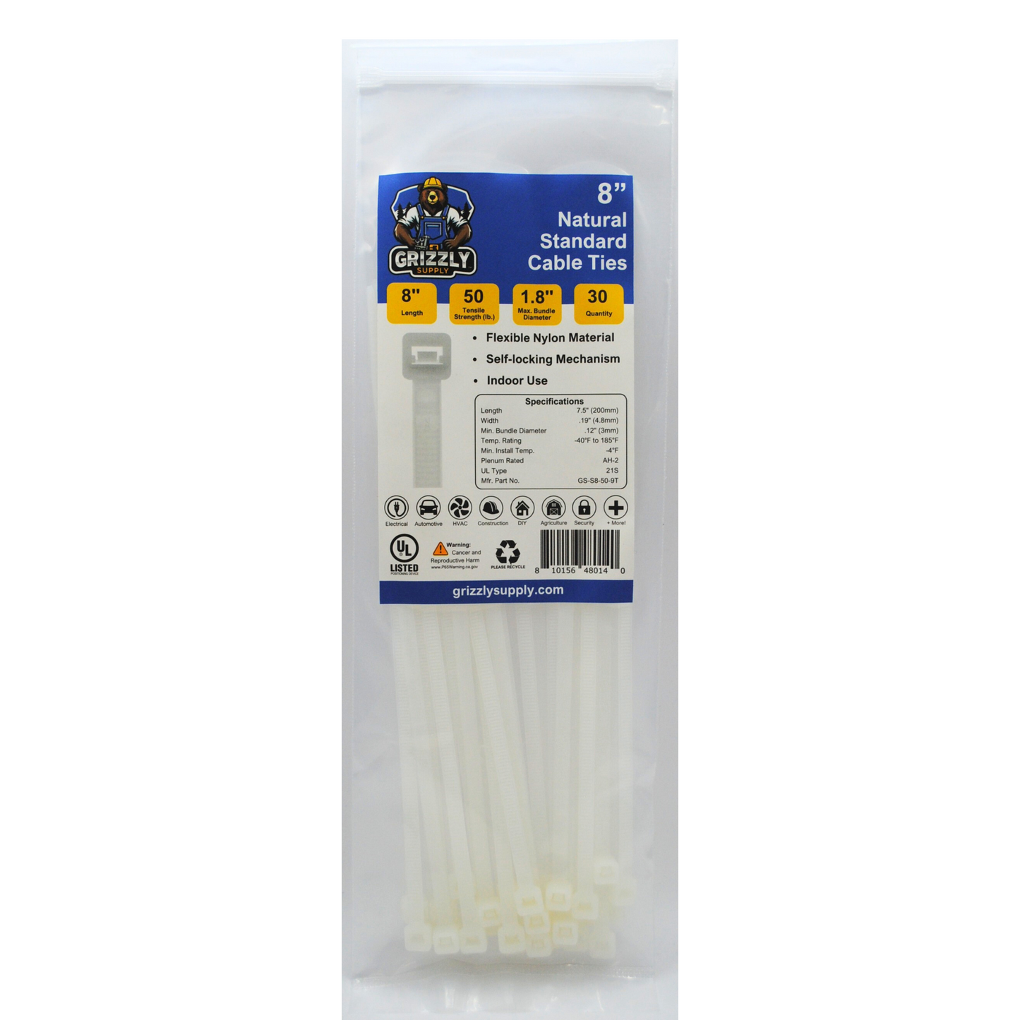 8" 50lb Natural Standard Cable Tie 30/bag