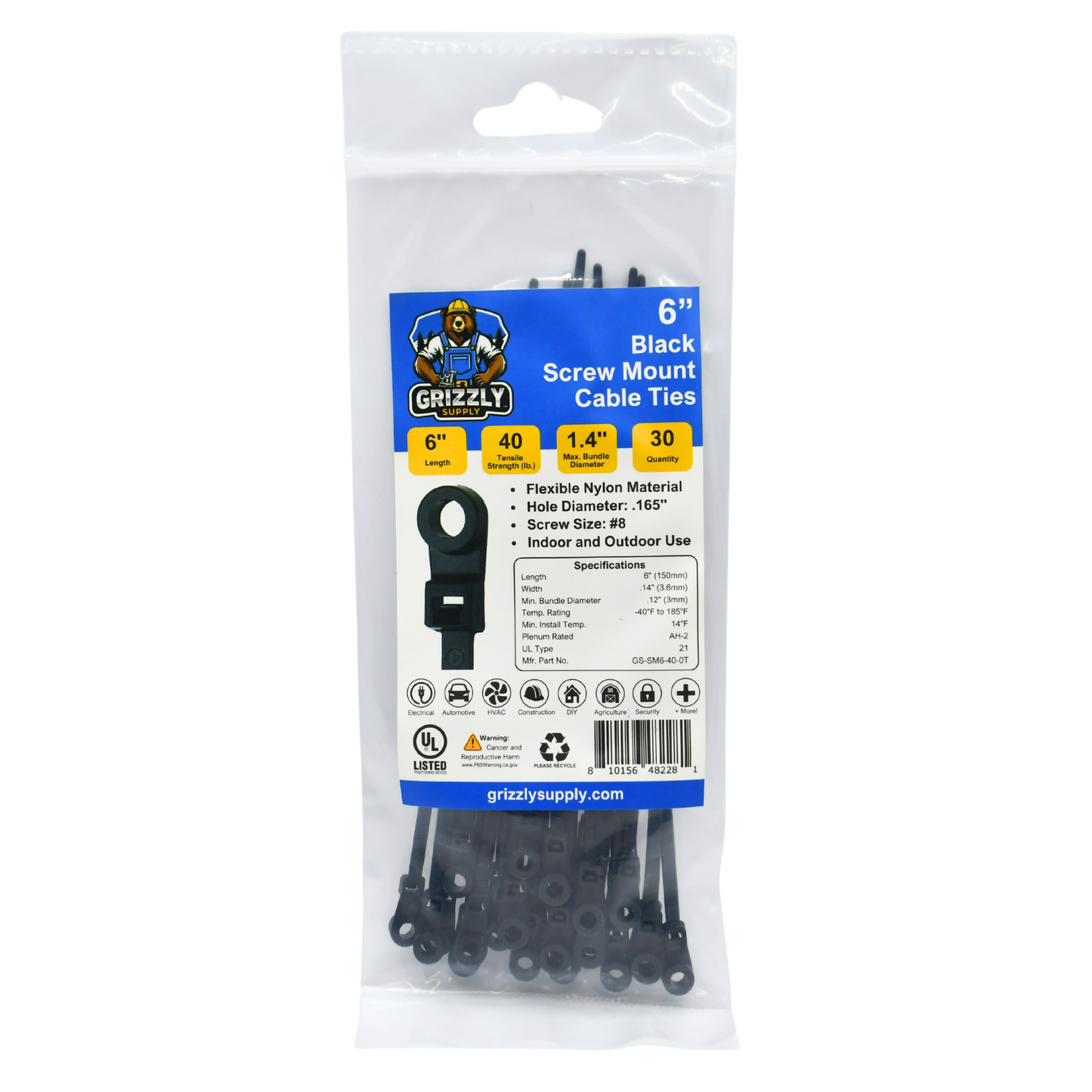 6" 40lb Black Screw Mount Cable Tie 30/bag