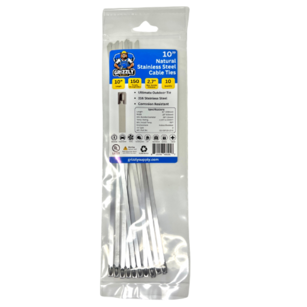 Grizzly Supply stainless steel cable ties designed for high-strength, durable fastening in tough environments and outdoor applications.