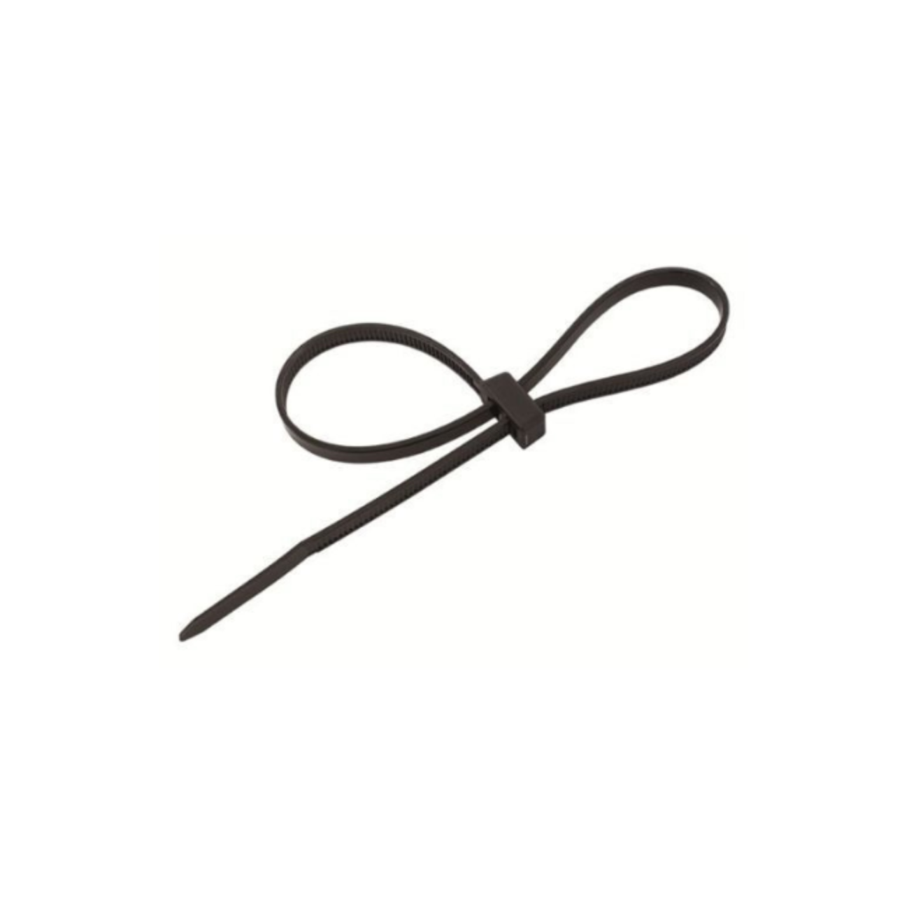 A black double loop cable tie made of nylon, designed for bundling and mounting cables.