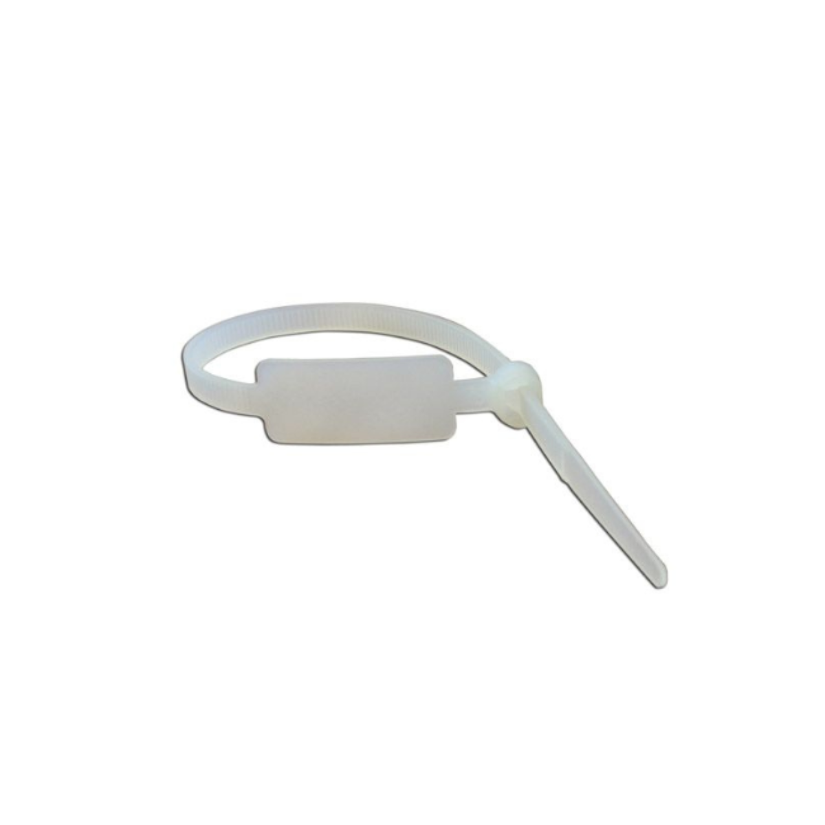 A single natural color vertical marker ID cable tie with a self-locking mechanism.