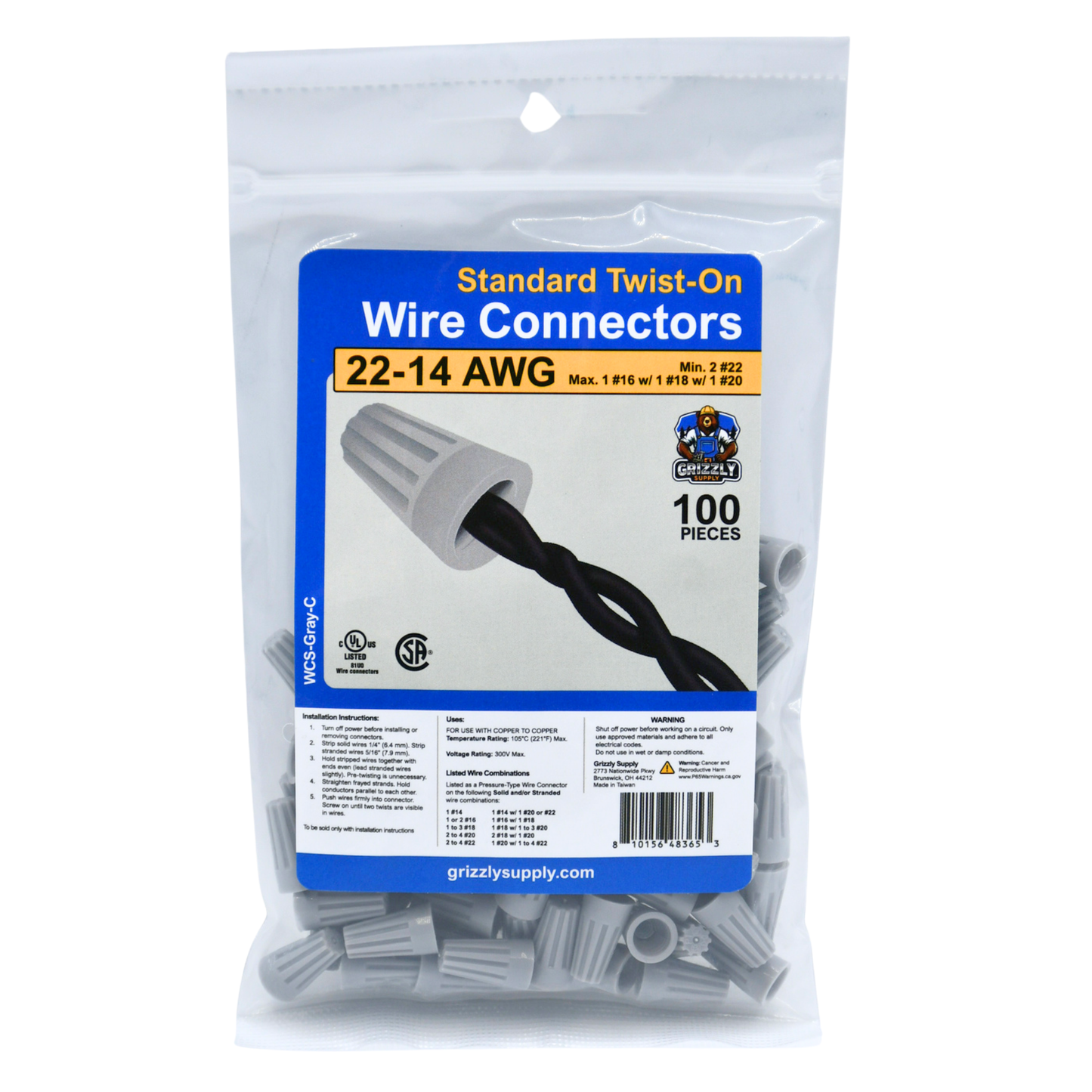 Standard Gray Screw-On Wire Connector 22-14 100/bag