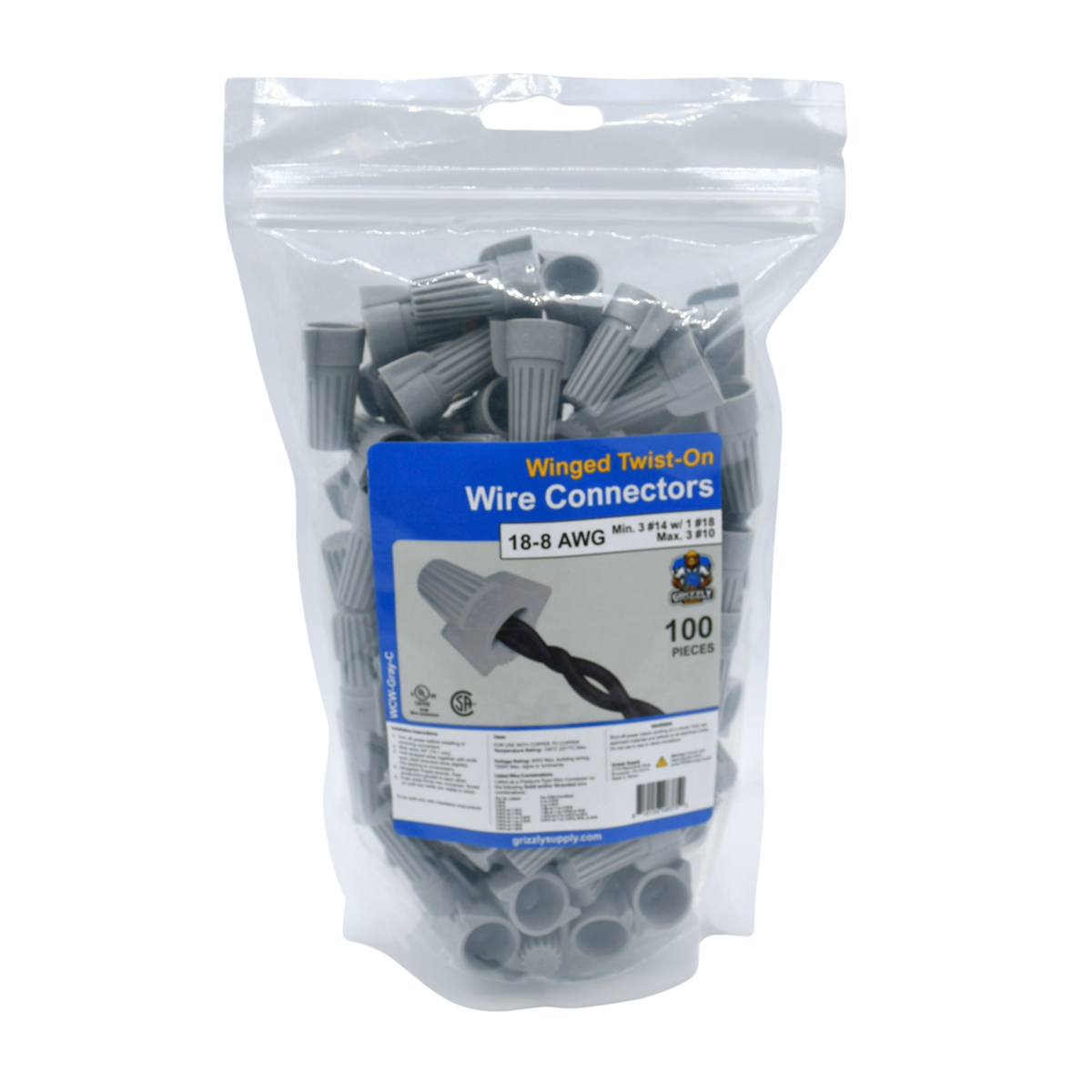 Winged Gray Screw-On Wire Connector 18-8 100/bag