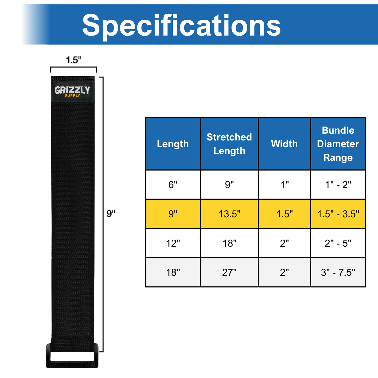 9" Black Stretch Strap 5/pk