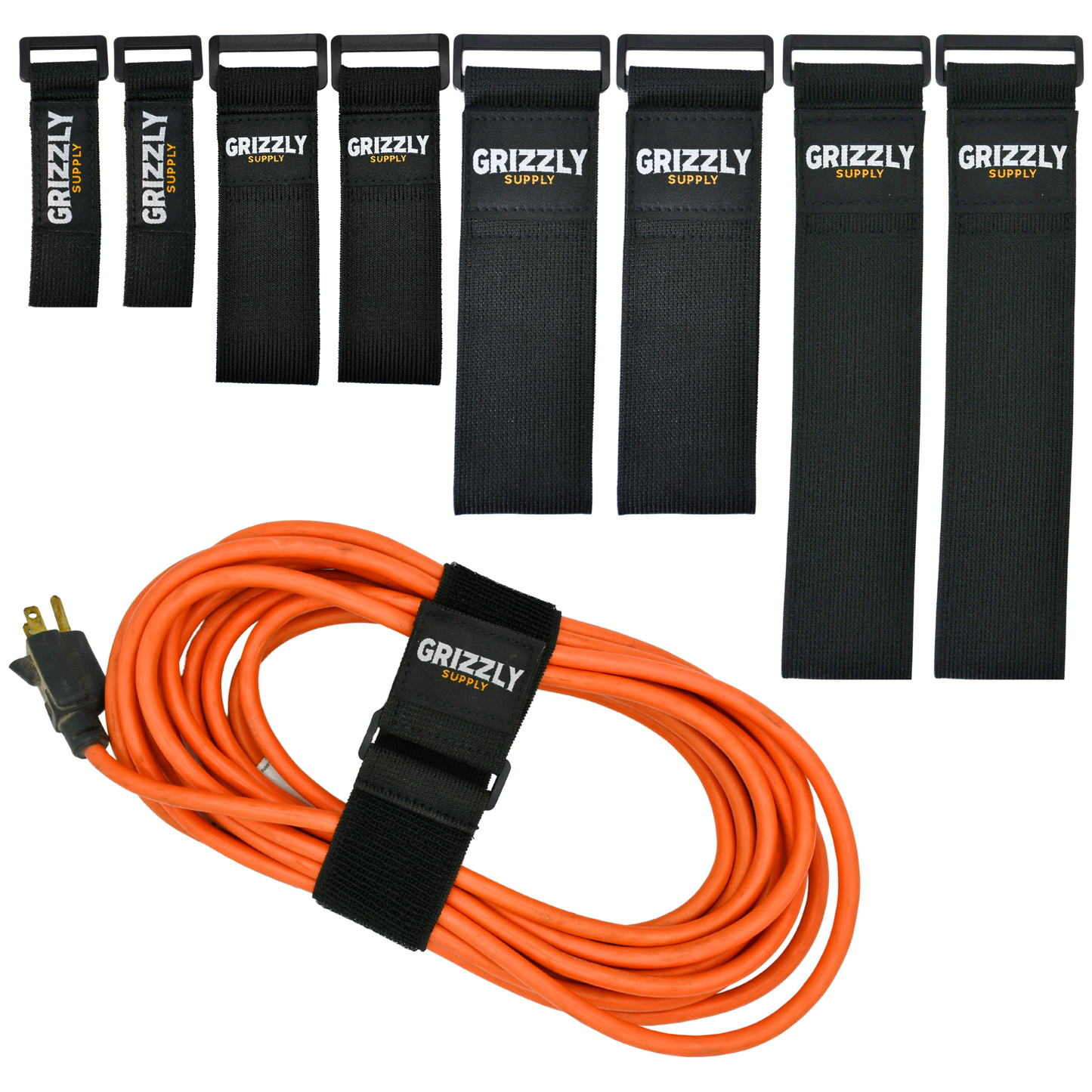 6" (2pc), 9" (2pc), 12" (2pc), 18" (2pc) Black Hook and Loop Stretch Strap