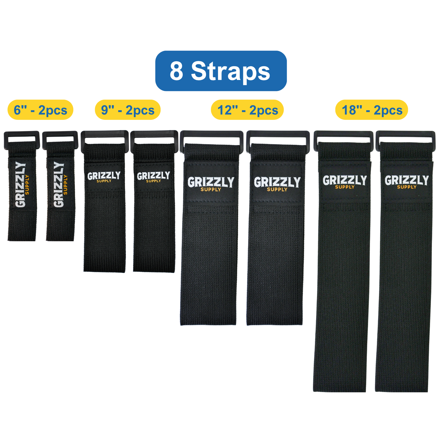 6" (2pc), 9" (2pc), 12" (2pc), 18" (2pc) Black Hook and Loop Stretch Strap