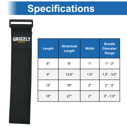 6" (2pc), 9" (2pc), 12" (2pc), 18" (2pc) Black Hook and Loop Stretch Strap