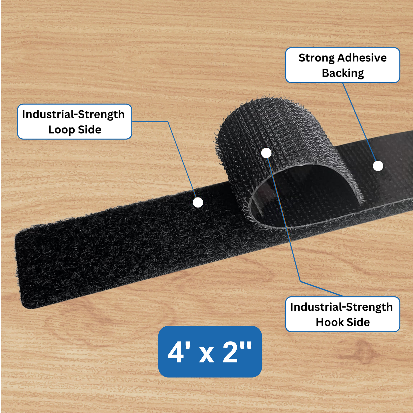 4'x2" Black Adhesive Hook and Loop Roll 1/pk