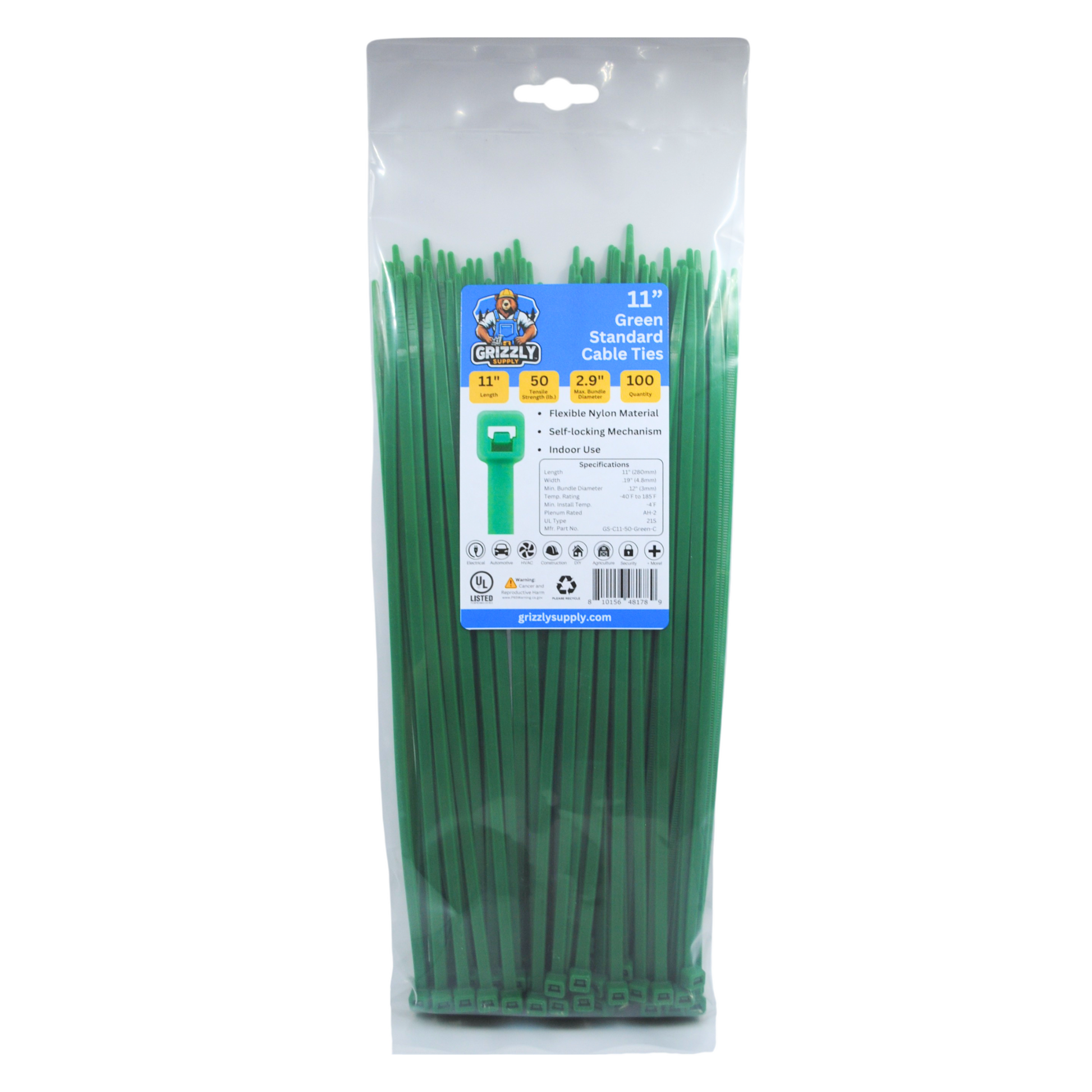 Bag of green Grizzly Supply  standard cable ties for versatile cable management and secure fastening. Front view