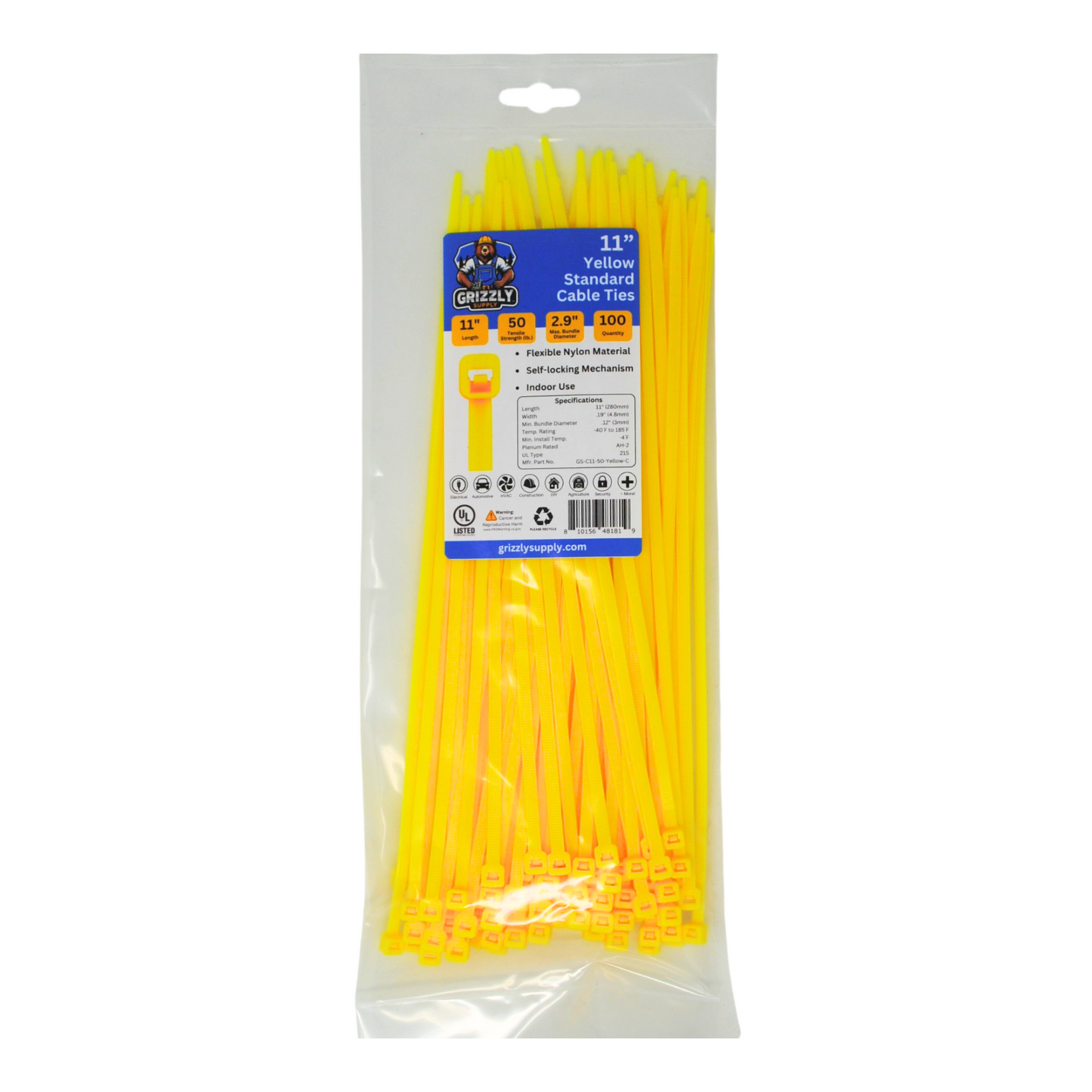 Bag of standard yellow Grizzly Supply cable ties for versatile cable management and secure fastening. Front view