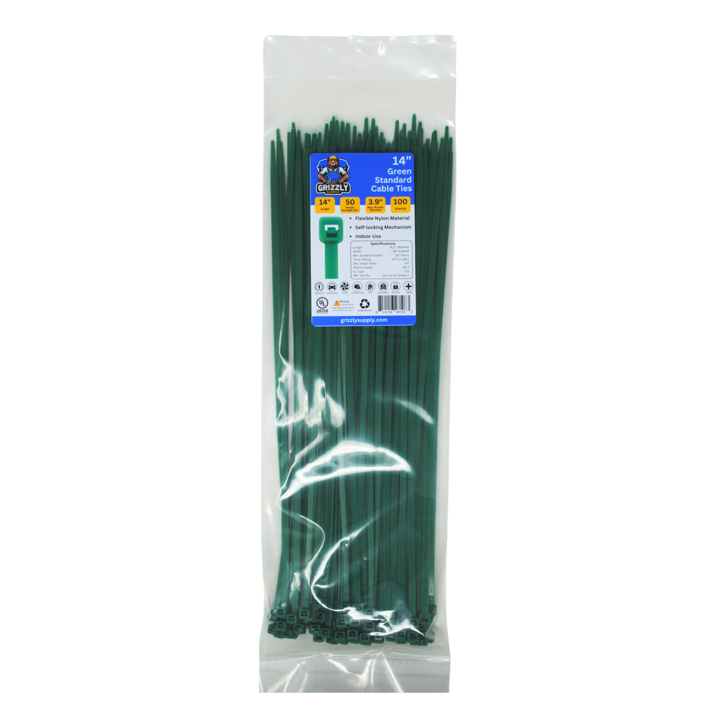 Bag of standard green Grizzly Supply cable ties for versatile cable management and secure fastening. Front view