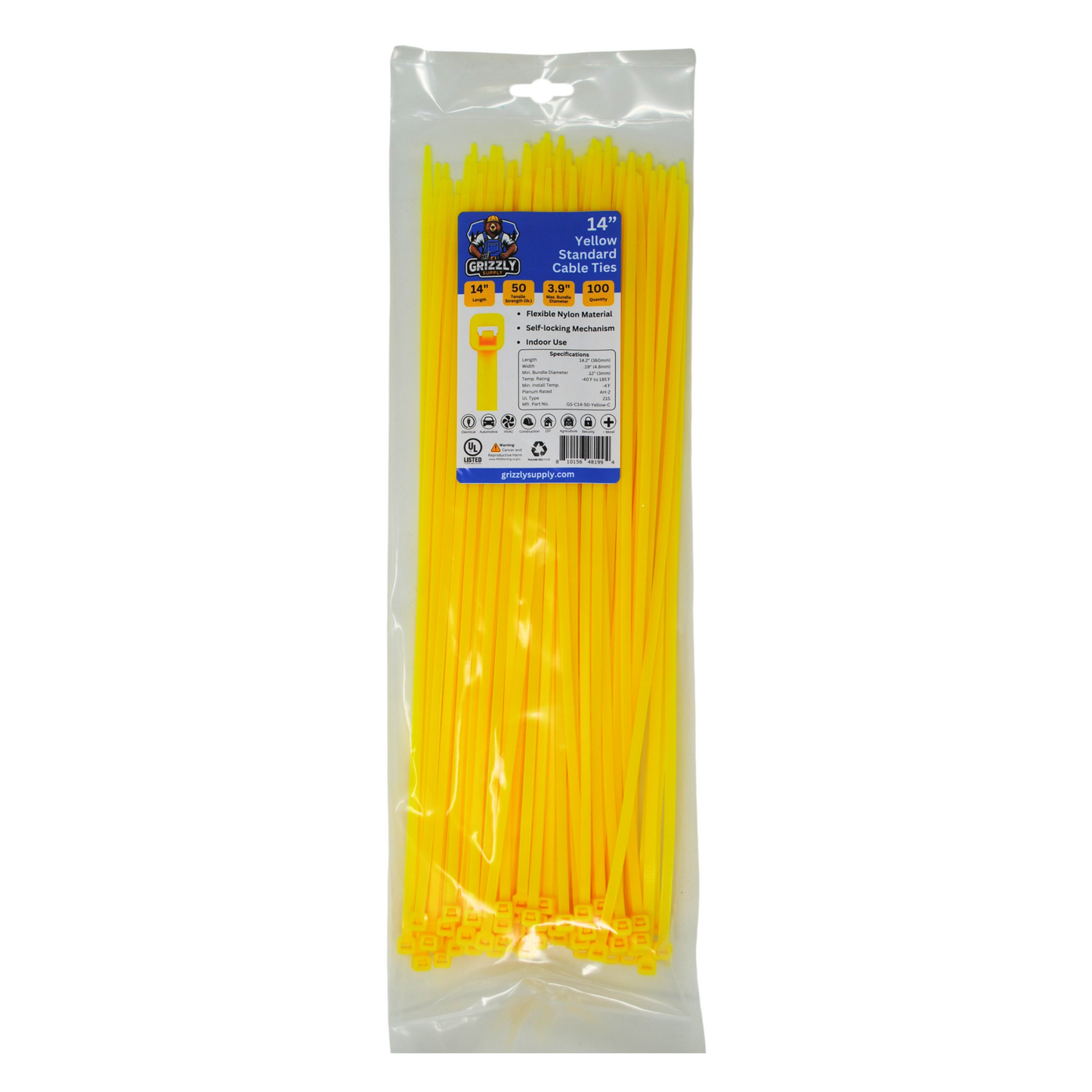 Bag of yellow standard Grizzly Supply cable ties for versatile cable management and secure fastening. Front view