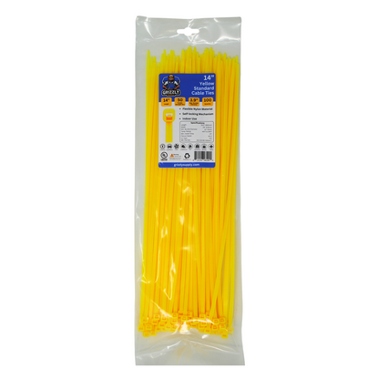 Bag of yellow standard Grizzly Supply cable ties for versatile cable management and secure fastening. Front view