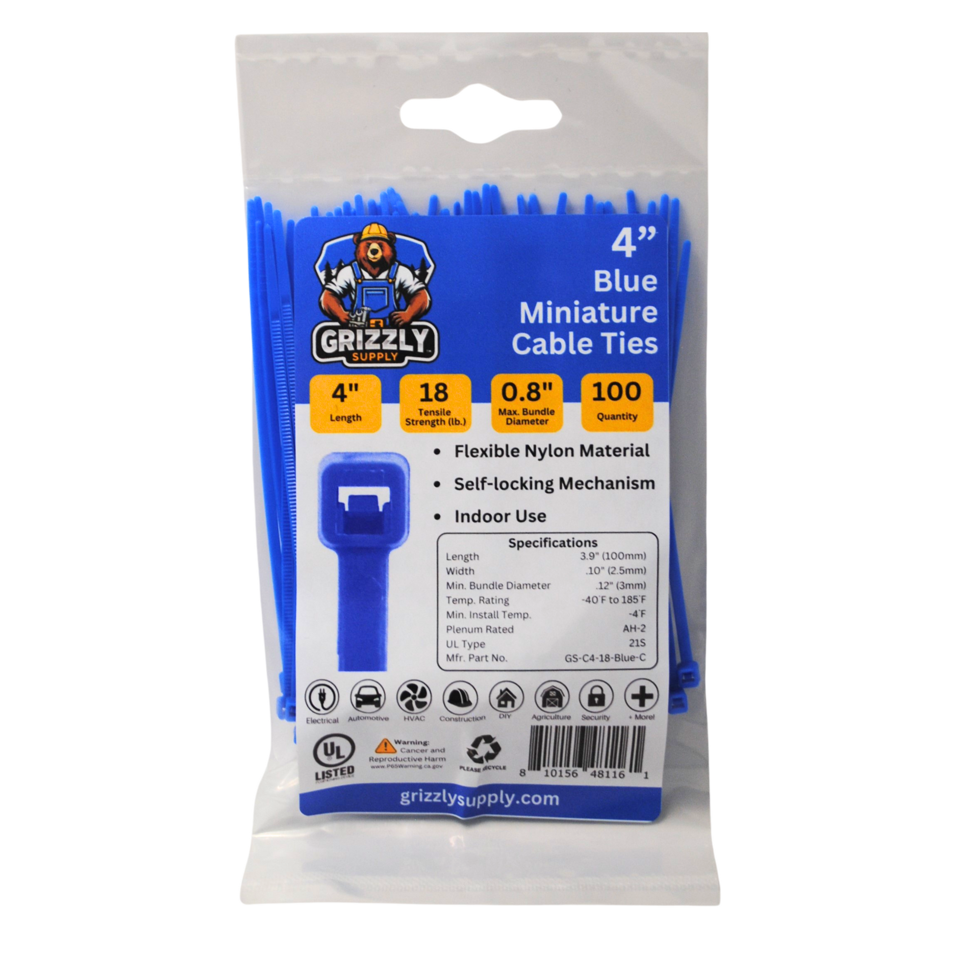 Bag of blue Grizzly Supply miniature cable ties for versatile cable management and secure fastening. Front view