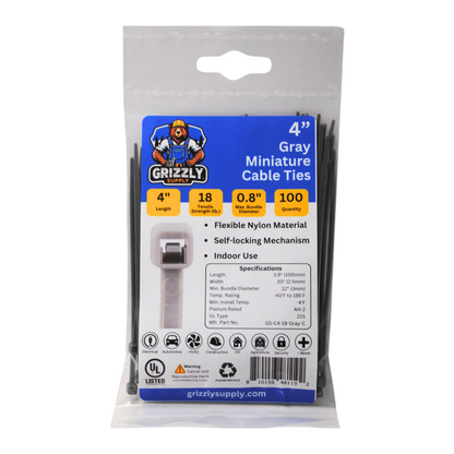 Bag of gray Grizzly Supply minature cable ties for versatile cable management and secure fastening. Front view