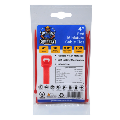 Bag of miniature red Grizzly Supply cable ties for versatile cable management and secure fastening. Front view