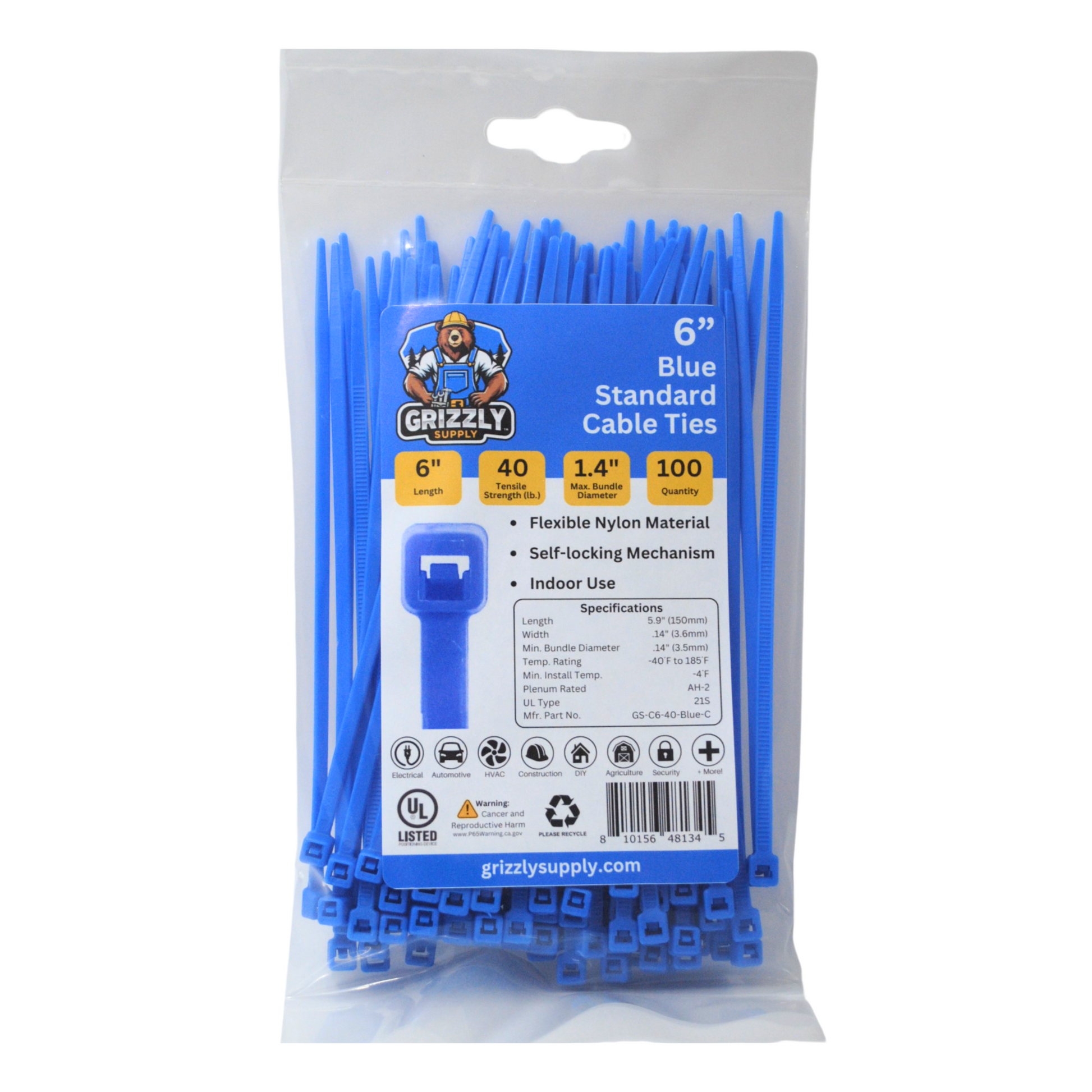 Bag of intermediate blue Grizzly Supply cable ties for versatile cable management and secure fastening. Front view