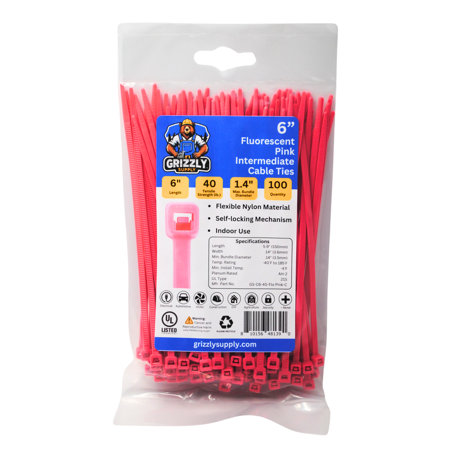 Bag of intermediate fluorescent pink Grizzly Supply cable ties for versatile cable management and secure fastening. Front view