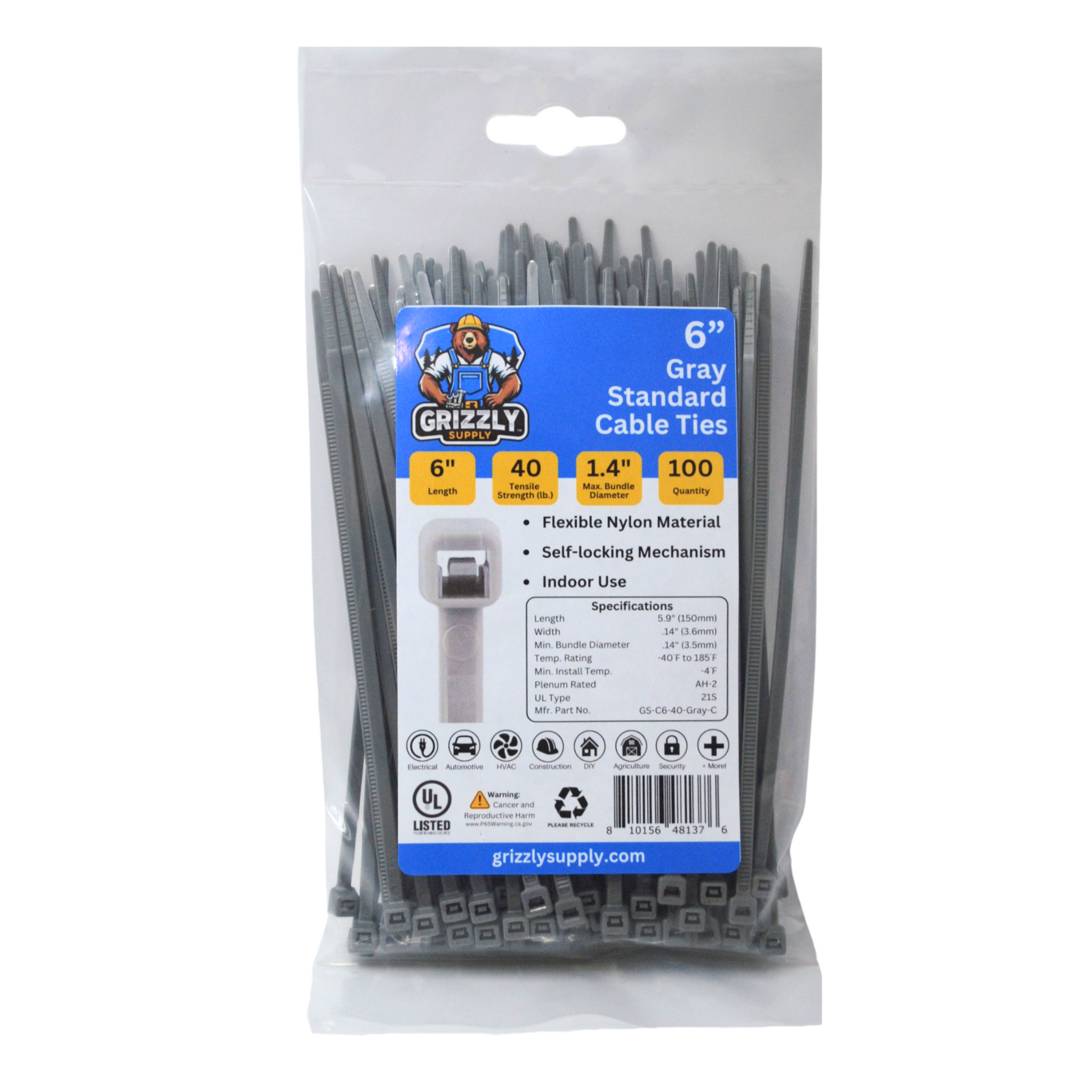 Bag of intermediate gray Grizzly Supply cable ties for versatile cable management and secure fastening. Front view