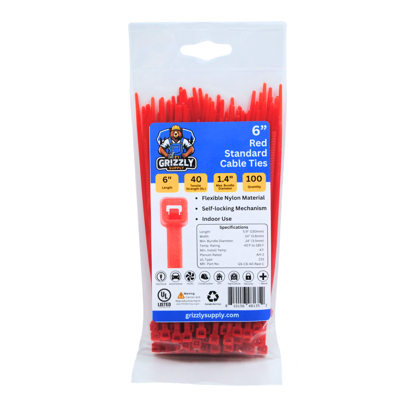 Bag of red Grizzly Supply intermediate cable ties for versatile cable management and secure fastening. Front view