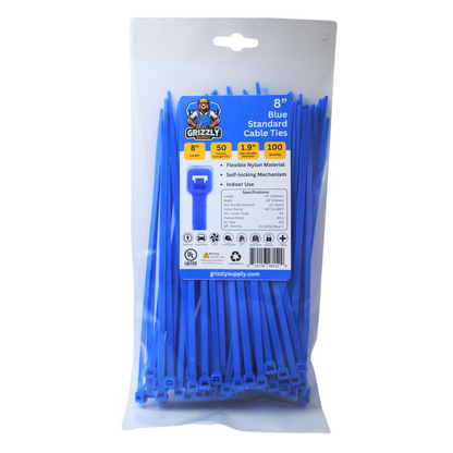 Bag of standard blue Grizzly Supply cable ties for versatile cable management and secure fastening. Front view