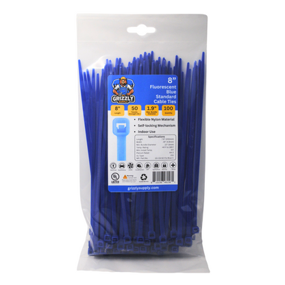 Bag of standard fluorescent blue Grizzly Supply cable ties for versatile cable management and secure fastening. Front view