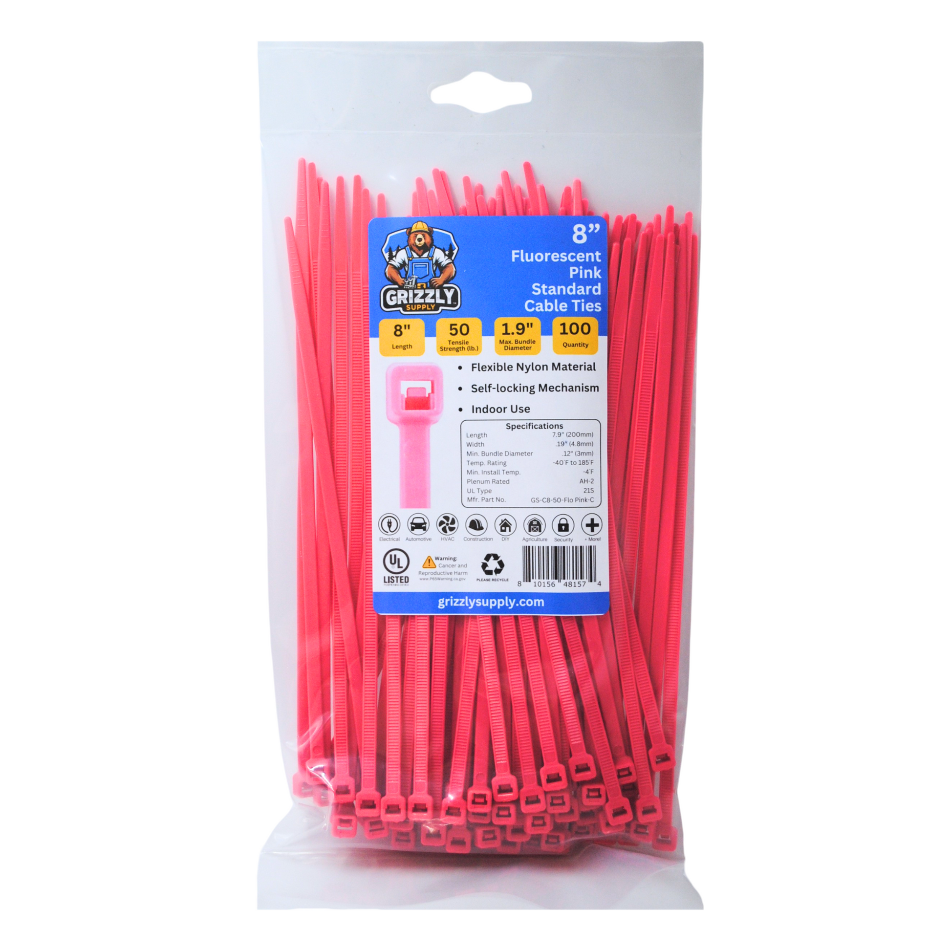 Bag of standard fluorescent pink Grizzly Supply cable ties for versatile cable management and secure fastening. Front view