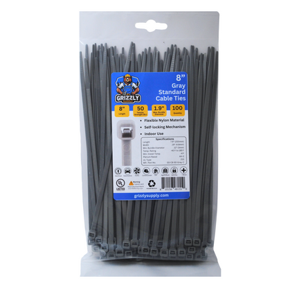 Bag of standard gray Grizzly Supply cable ties for versatile cable management and secure fastening. Front view