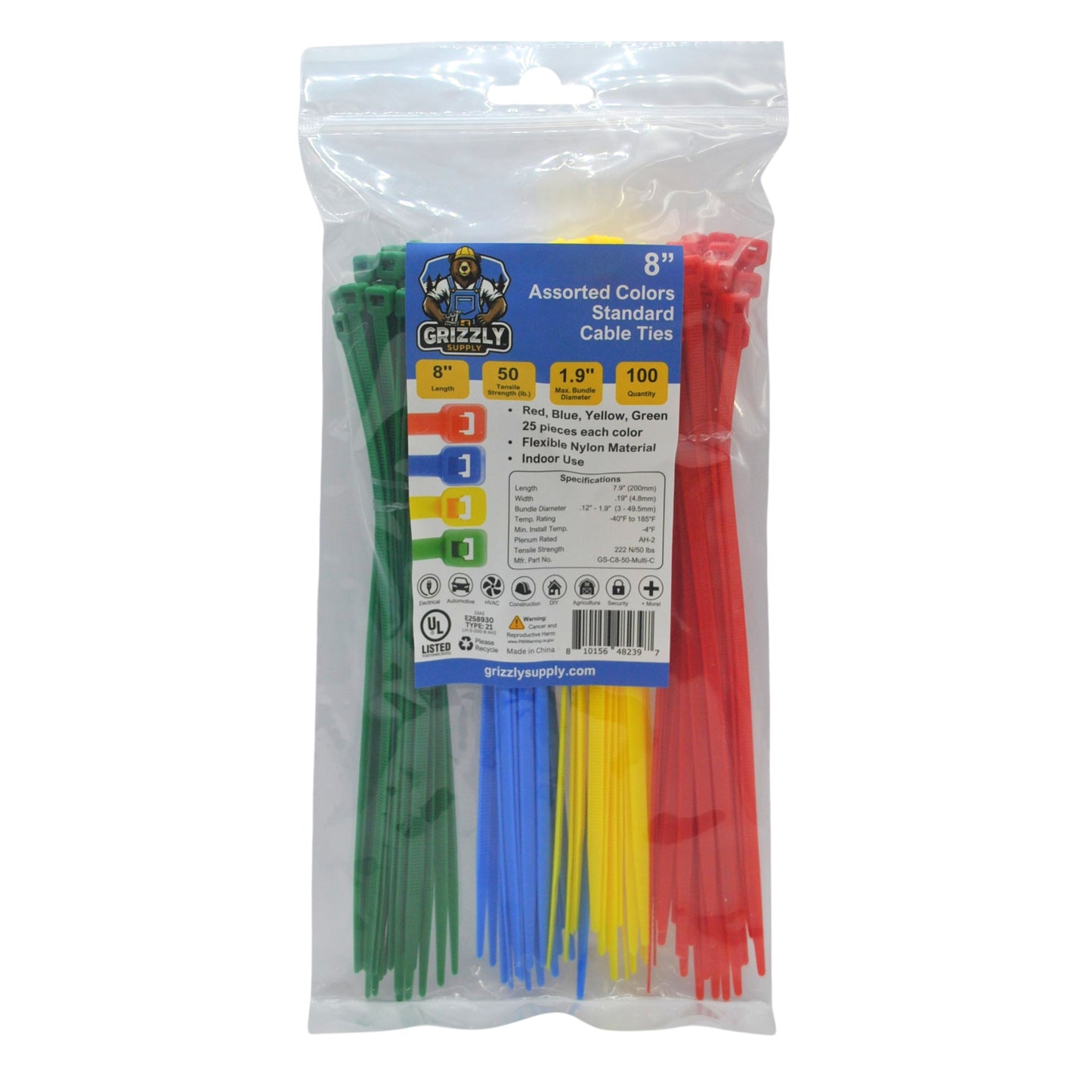 8" 50lb Assorted Color Cable Tie 100/bag