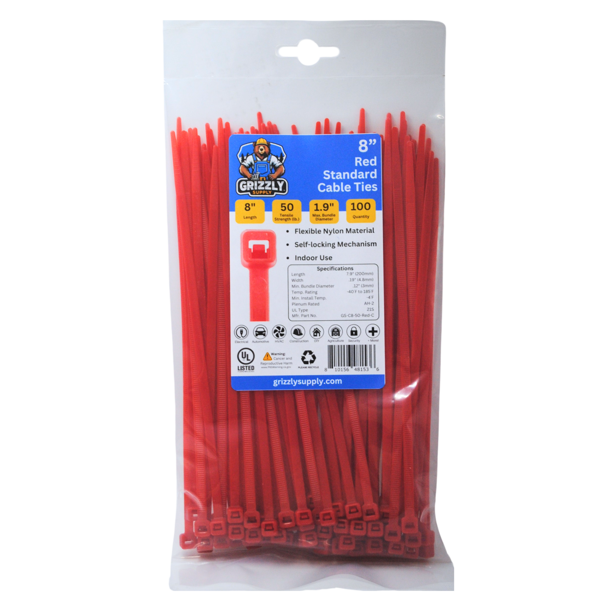 Bag of standard red Grizzly Supply cable ties for versatile cable management and secure fastening. Front view