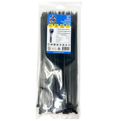 12" 50lb Black Extreme Temperature Cable Tie 100/bag