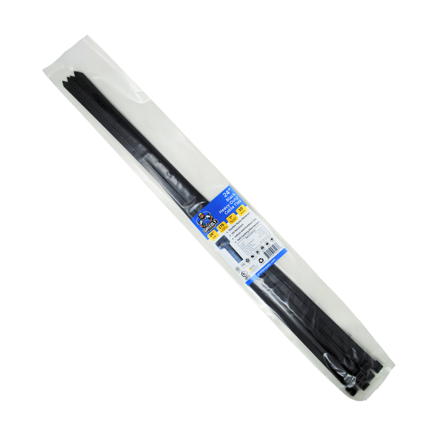24" 175lb Black Heavy-Duty Cable Tie 10/bag