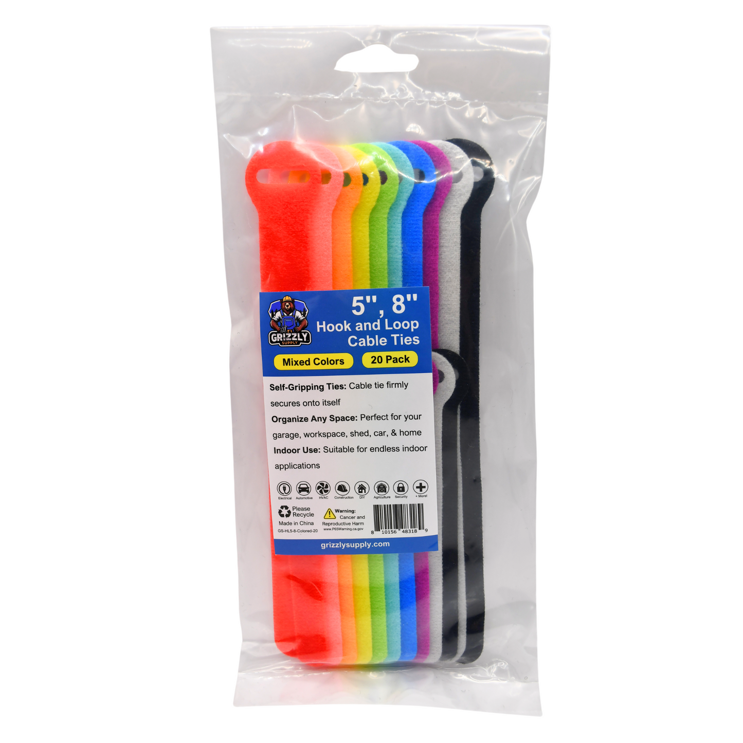 5", 8" Colored Hook and Loop Cable Tie 20/pk