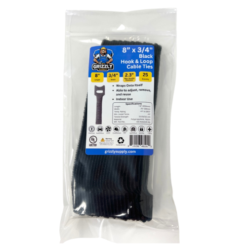 8" x 3/4" Black Hook & Loop Cable Tie 25/bag