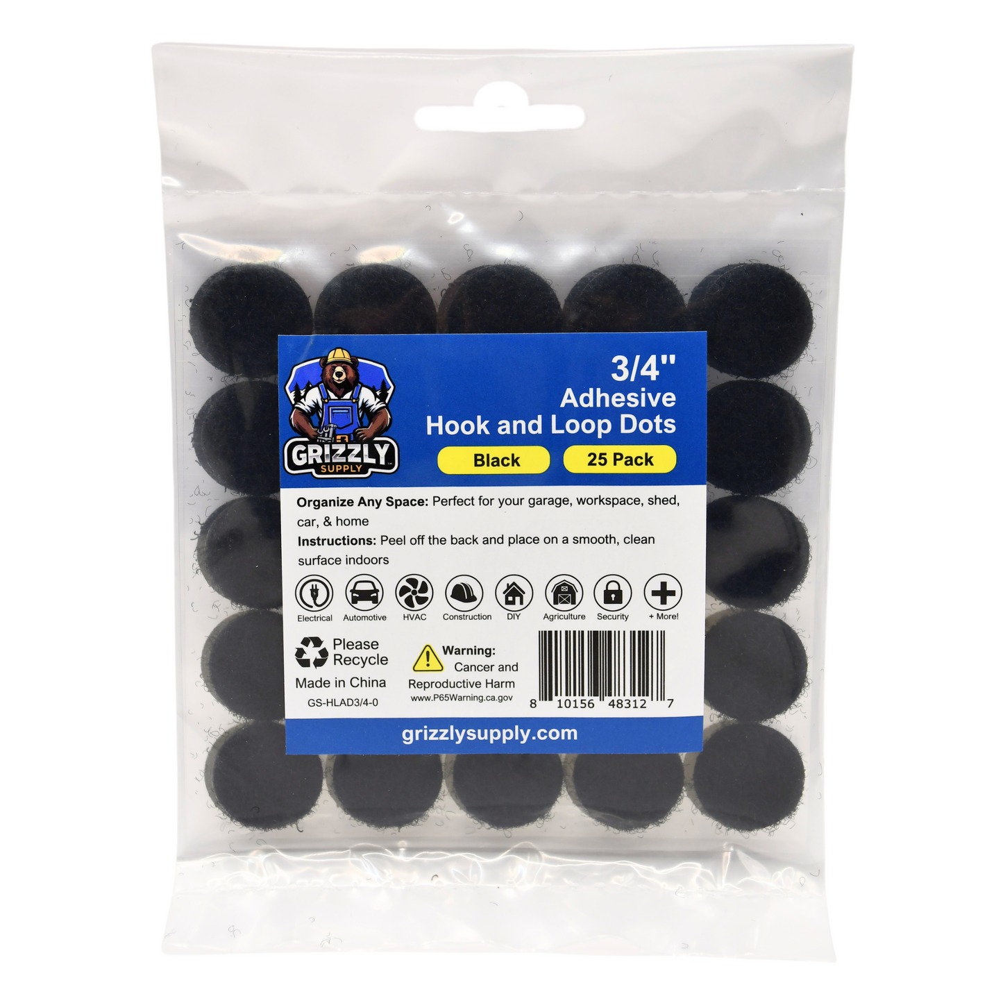 .75" Black Adhesive Hook and Loop Dot 25/pk