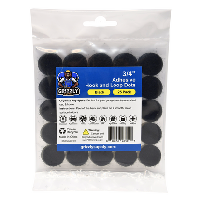 .75" Black Adhesive Hook and Loop Dot 25/pk