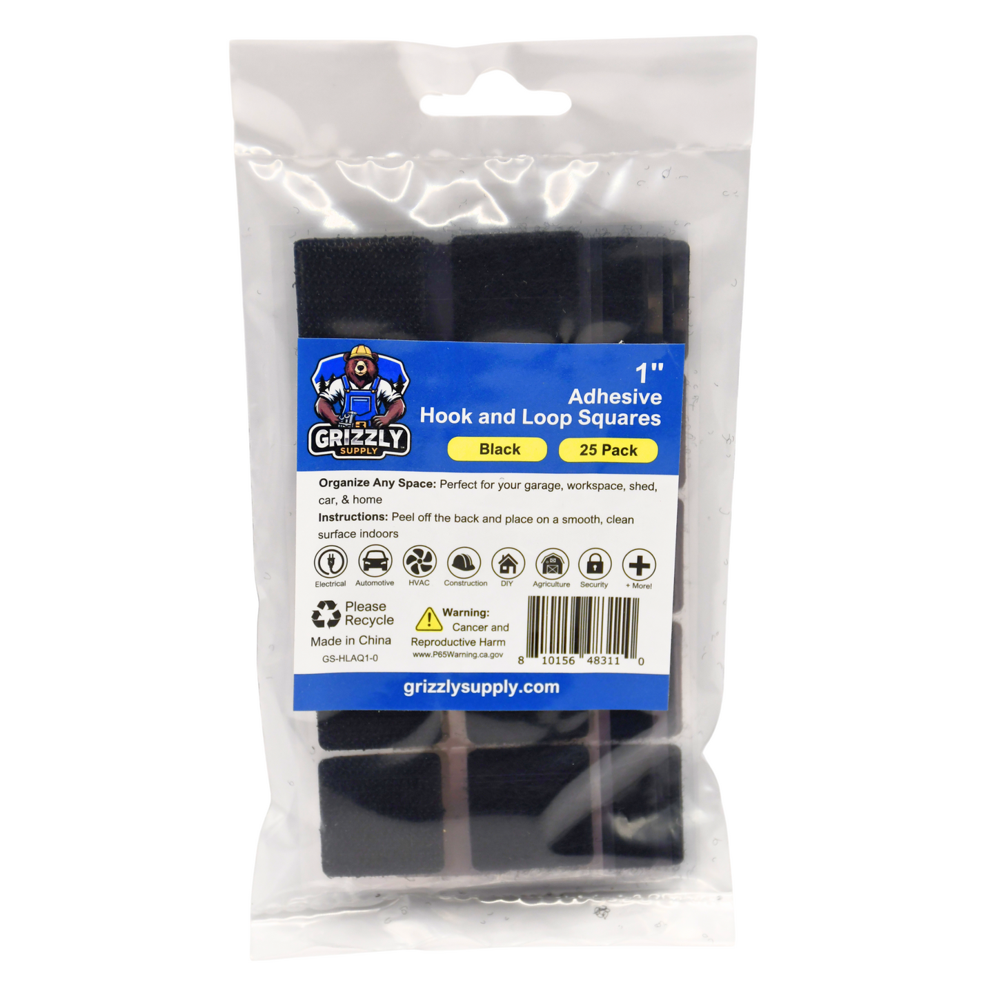 1" Black Adhesive Hook and Loop Square 25/pk
