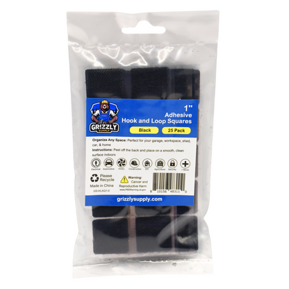 1" Black Adhesive Hook and Loop Square 25/pk