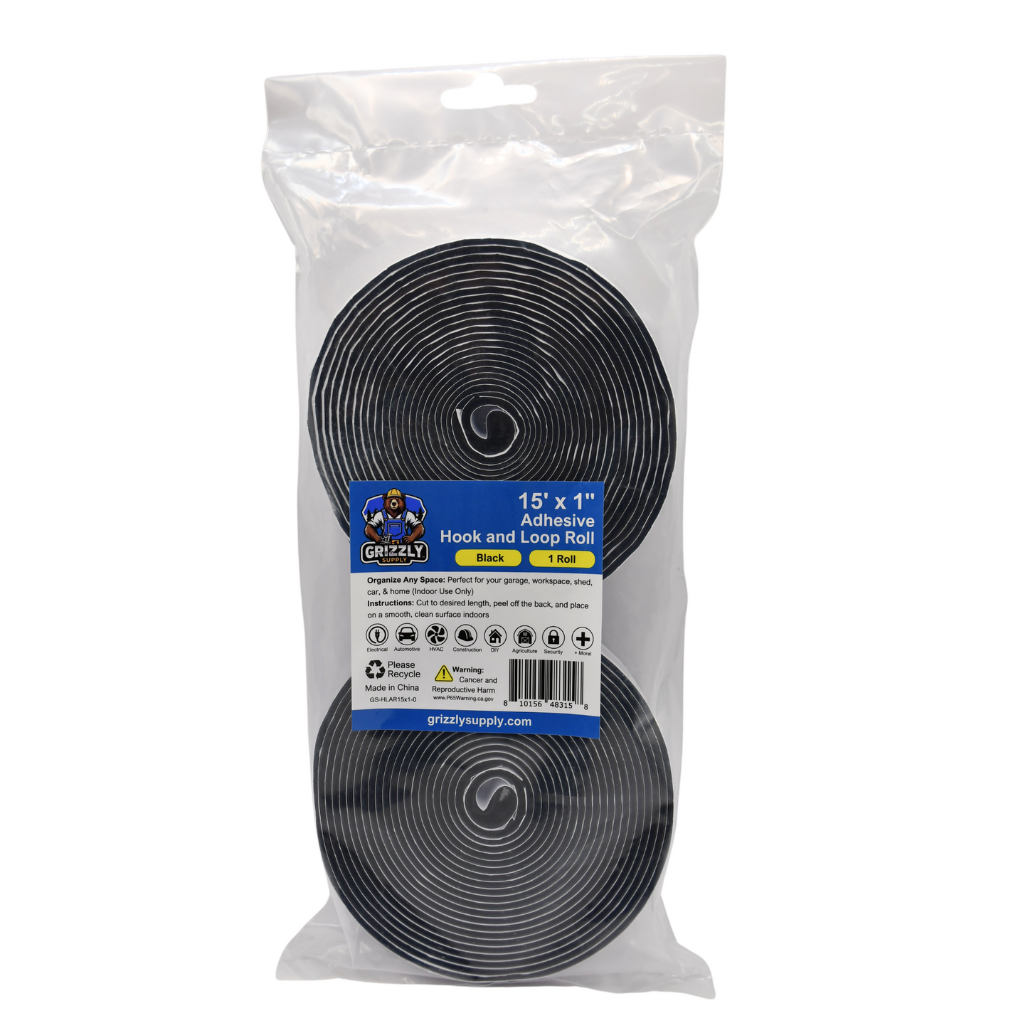 15'x1" Black Adhesive Hook and Loop Roll 1/pk