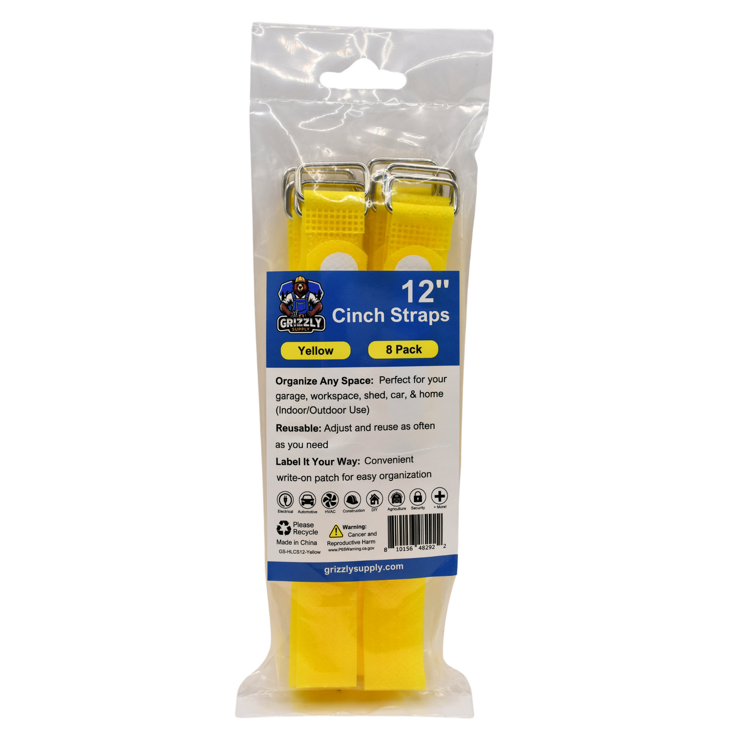 12" Yellow Hook and Loop Cinch Strap 8/pk