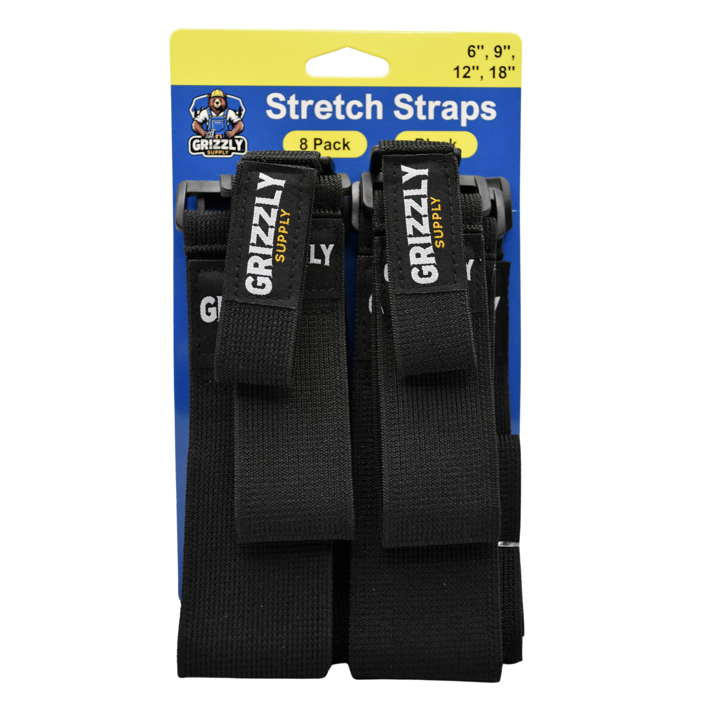 6" (2pc), 9" (2pc), 12" (2pc), 18" (2pc) Black Hook and Loop Stretch Strap