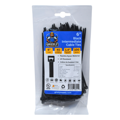 6" 40lb Black Intermediate Cable Tie 100/bag