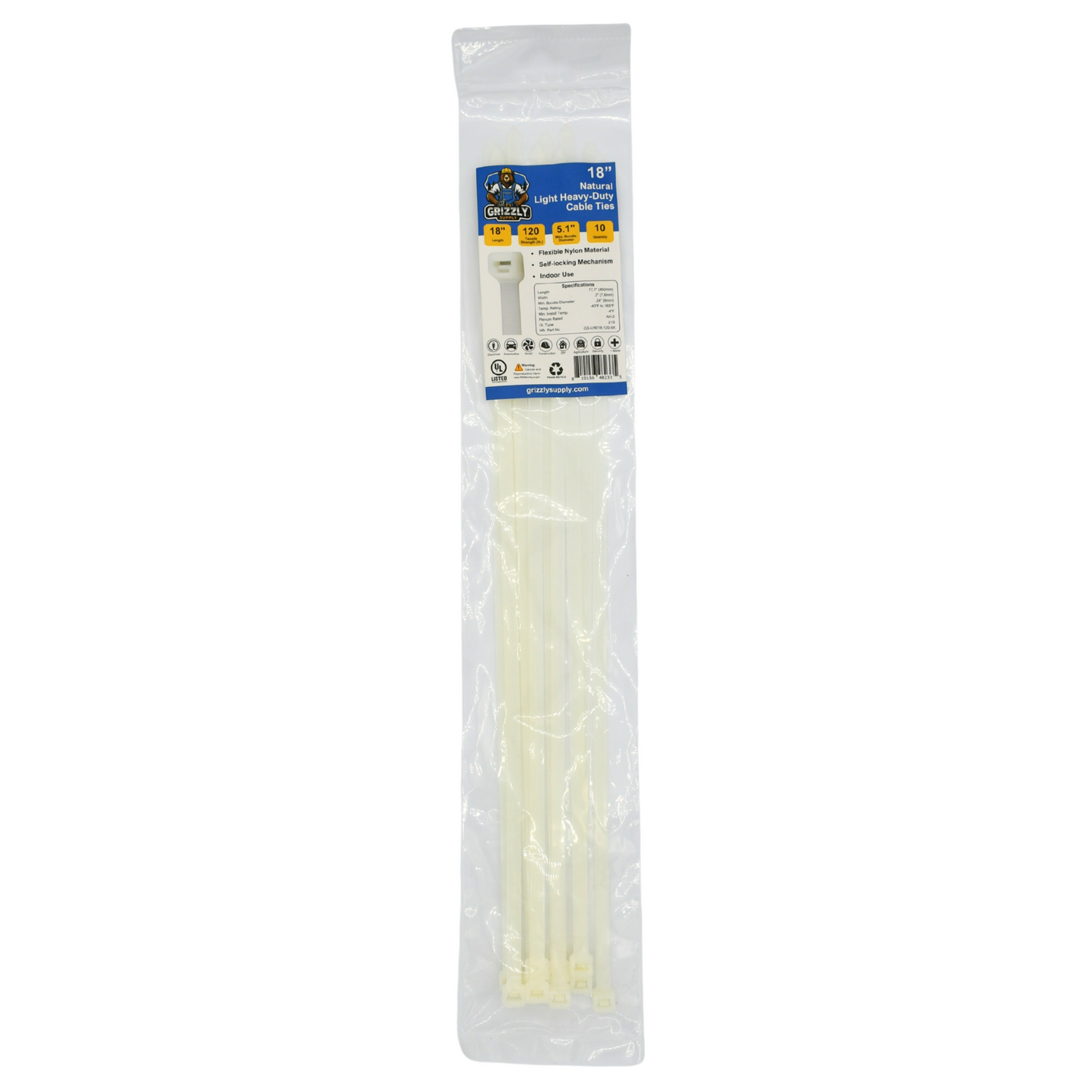 18" 120lb Natural Light Heavy-Duty Cable Tie 10/bag