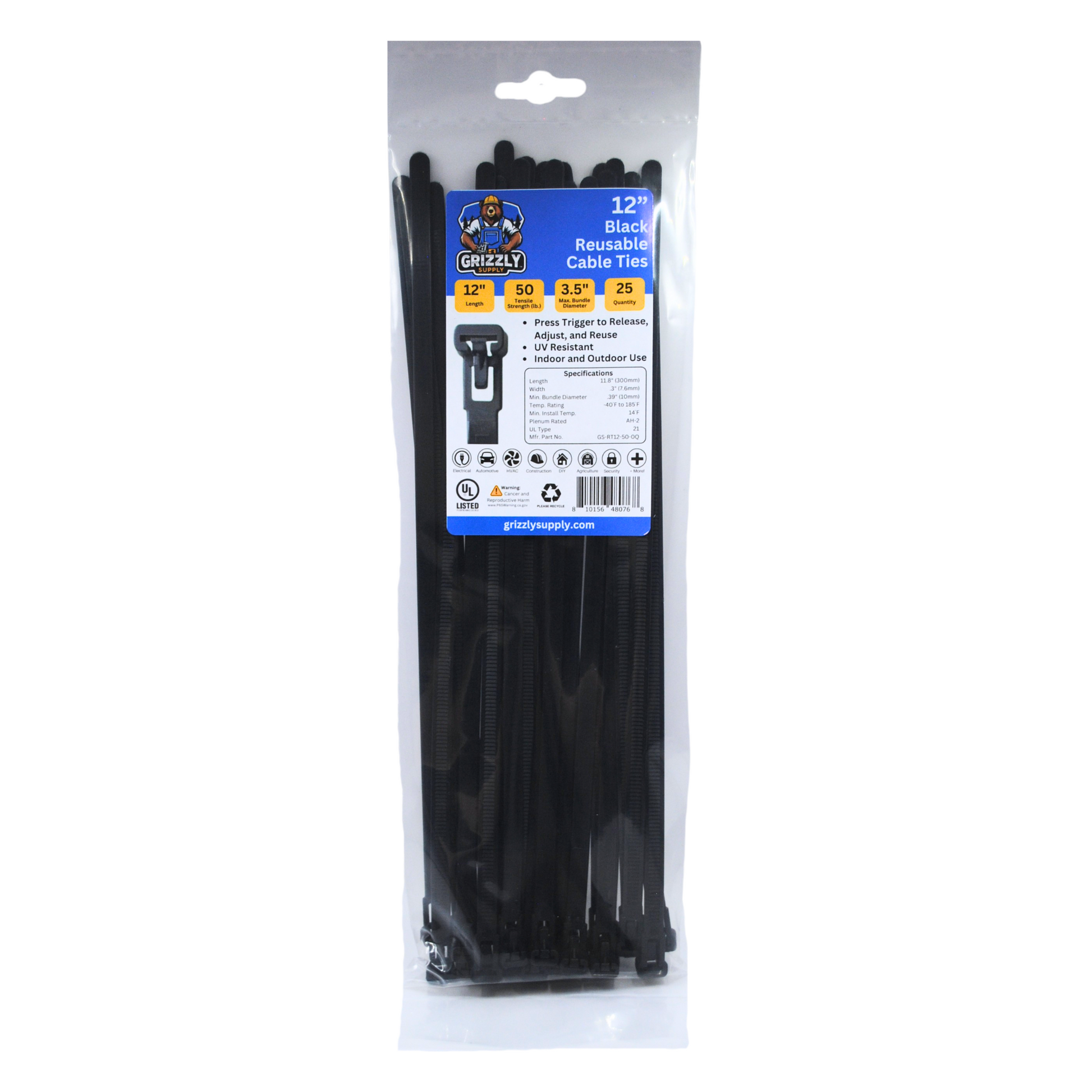 Front view of Grizzly Supply 12-inch 50lb black reusable and releasable cable ties, designed for adjustable and durable cable management, perfect for versatile and repeated use in various settings.