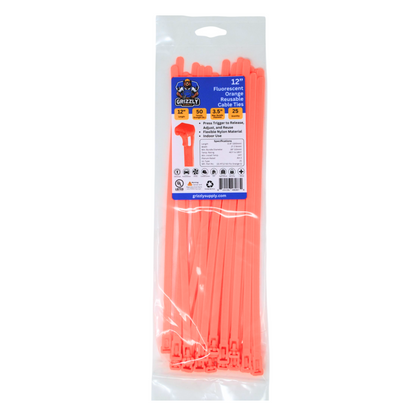 Front view of Grizzly Supply 12-inch 50lb fluorescent orange reusable and releasable cable ties, designed for adjustable and durable cable management, perfect for versatile and repeated use in various settings.