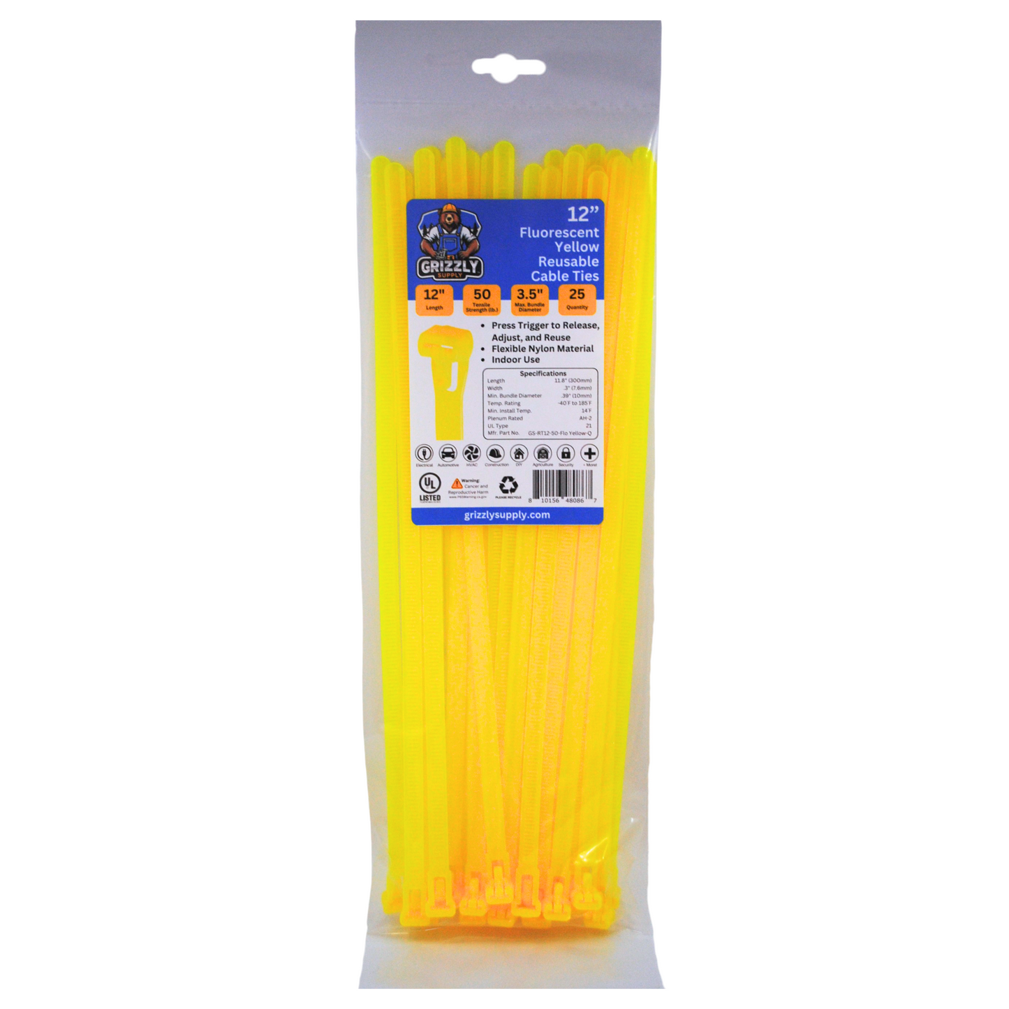 Front view of Grizzly Supply 12-inch 50lb fluorescent yellow reusable and releasable cable ties, designed for adjustable and durable cable management, perfect for versatile and repeated use in various settings.